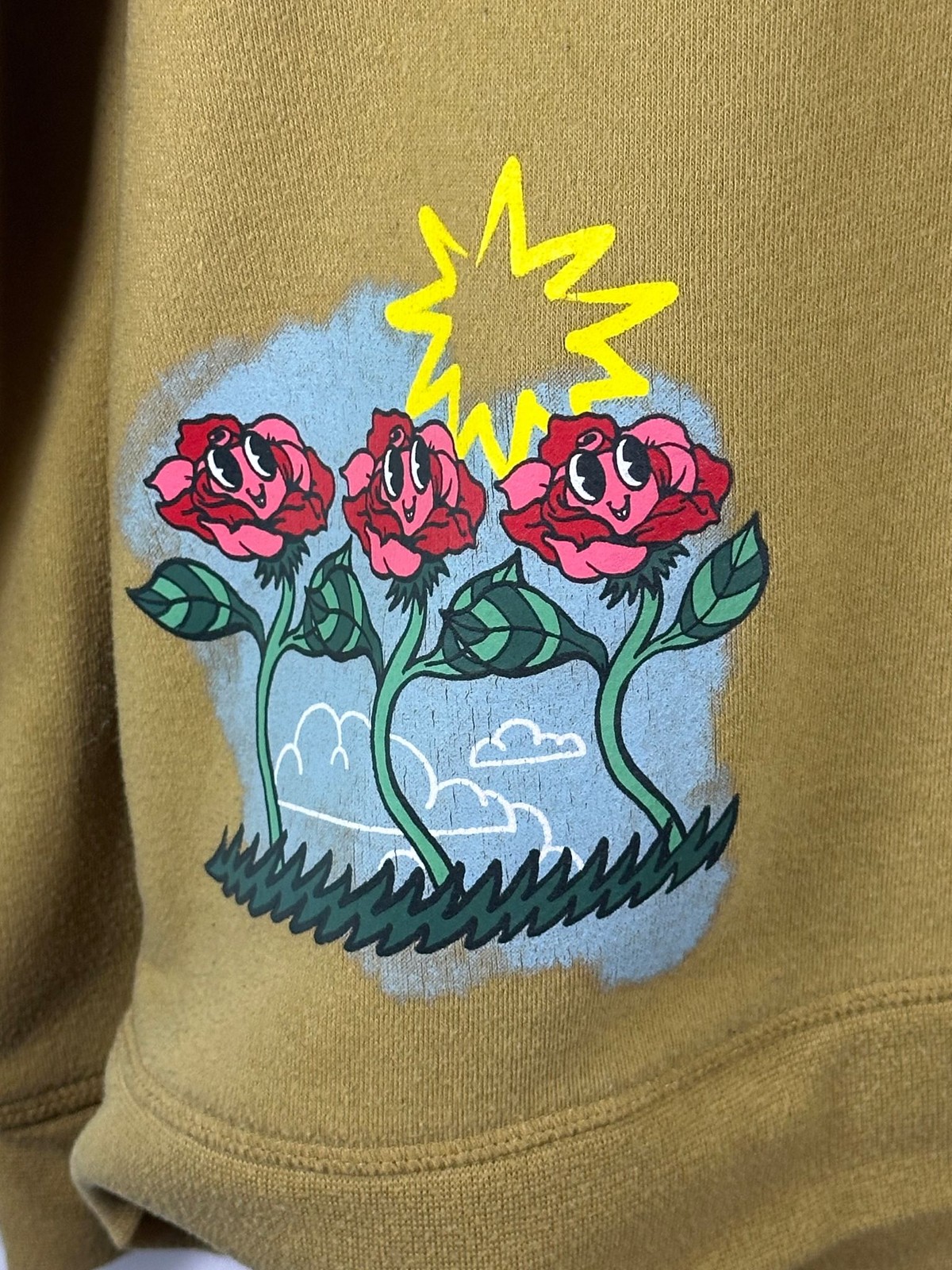 Brixton Sweatshirt Mens XL Graphic Crewneck Smell The Roses Back Print Mustard