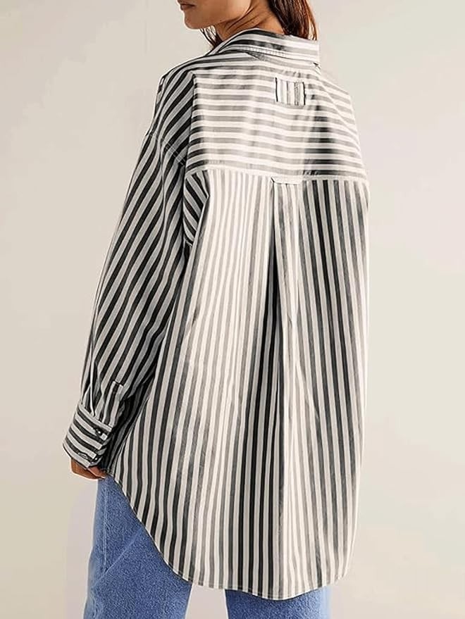 Women’s Dressy Striped Button Up Shirts Collared Long Sleeve Blouse Casual