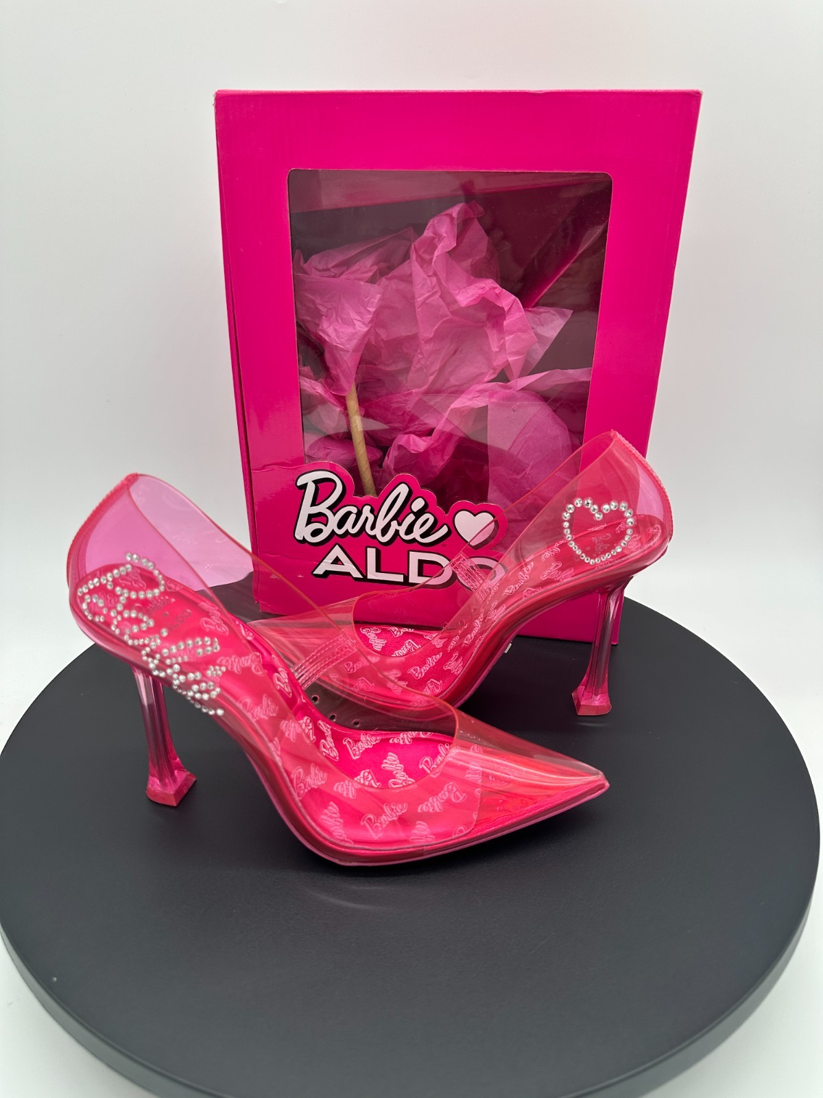 Barbie X Aldo Barbietessy Size 7 Pink PVC Crystal Logo Heels Pumps US NIB