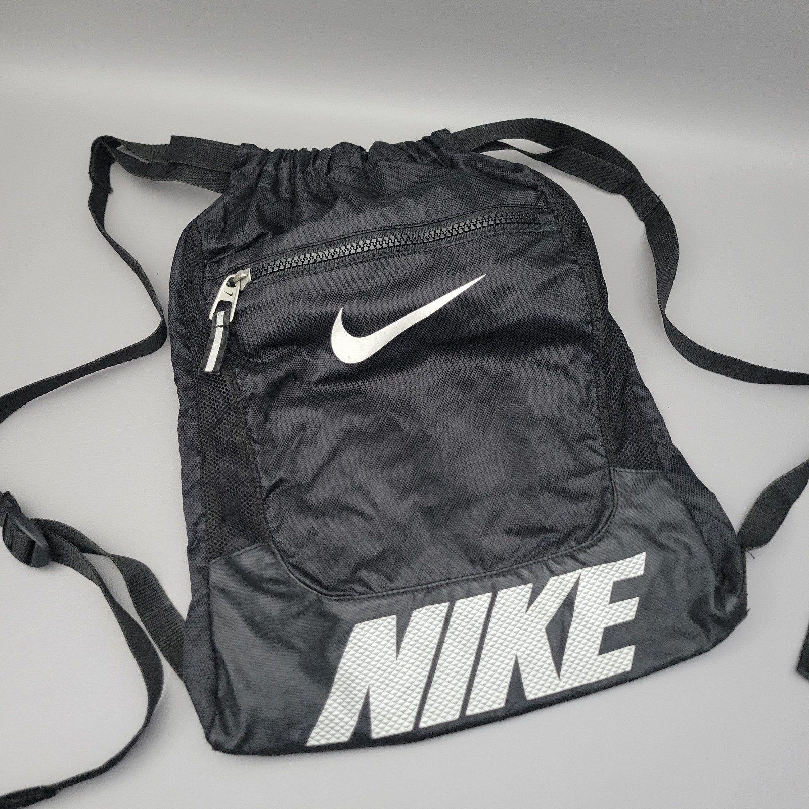 Y2K Nike Brasilia Drawstring Backpack Gym Bag Black Pockets Swoosh