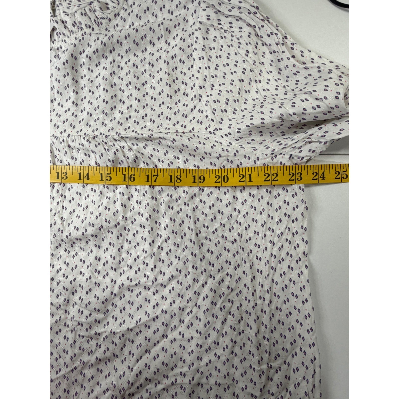 LOFT Blouse Womens Large White Diamond Print Lace Trim Boho Ruffle Neck