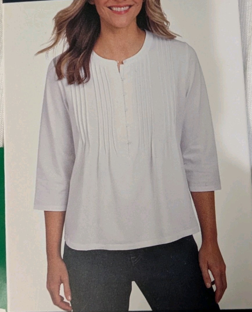Lands’ End Women’s Button Front Pintuck Top, White, Size XL