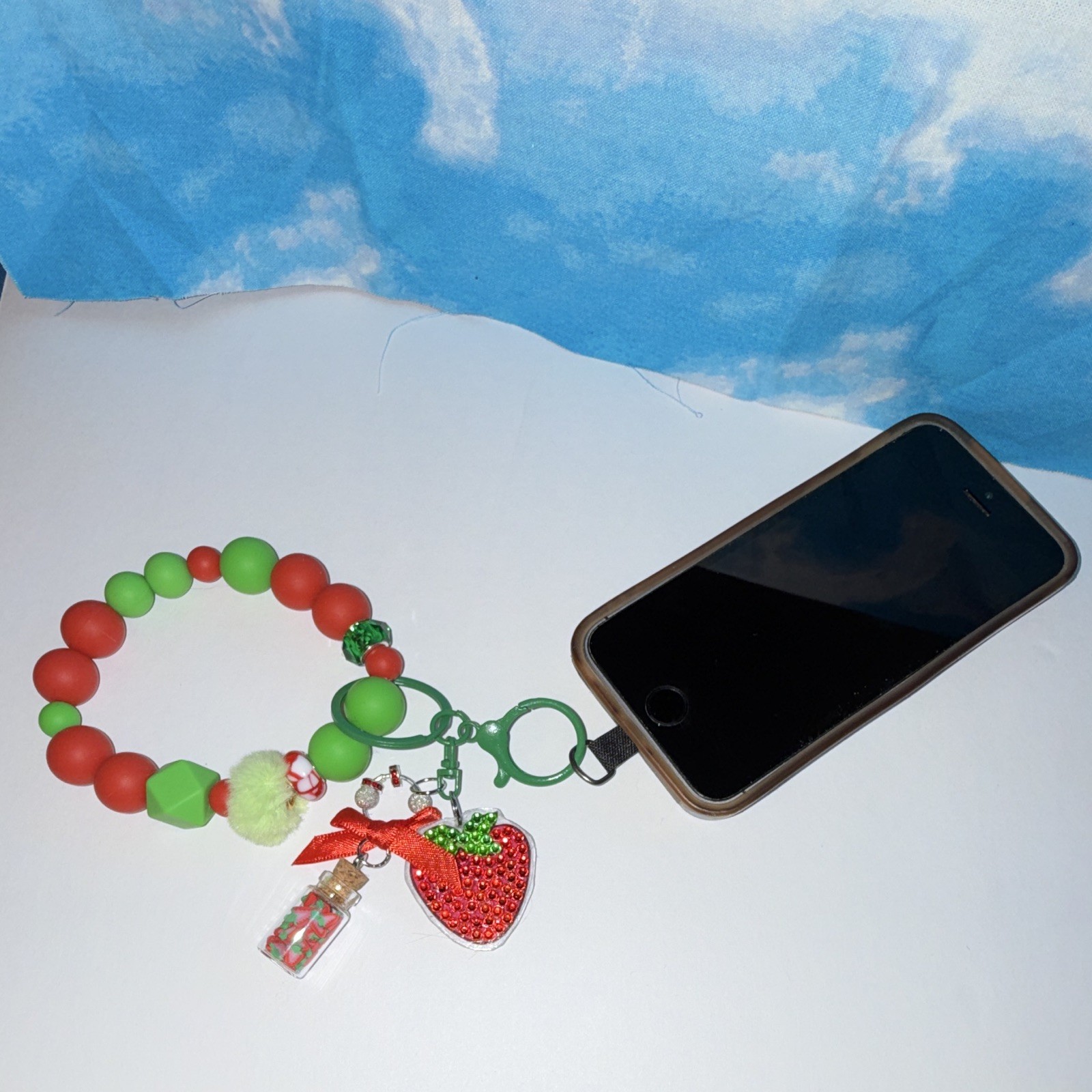 Red & Green Strawberry Beaded Wristlet Key Chain/Bag Charm w/Bow & Pom Pom
