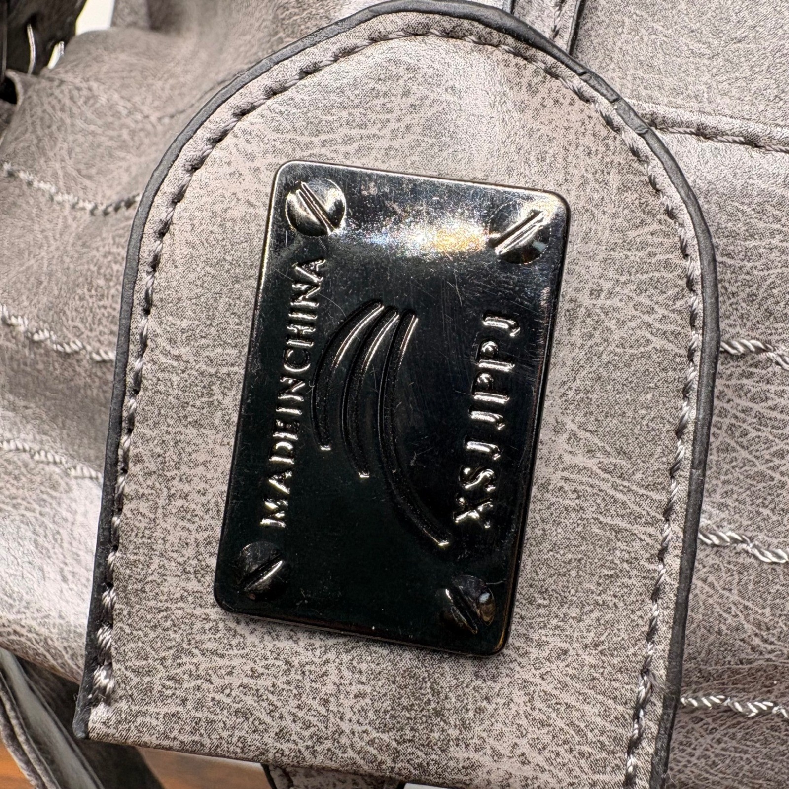 Gray Faux Leather Satchel Handbag Crossbody Bag Side Buckles Gunmetal Hardware