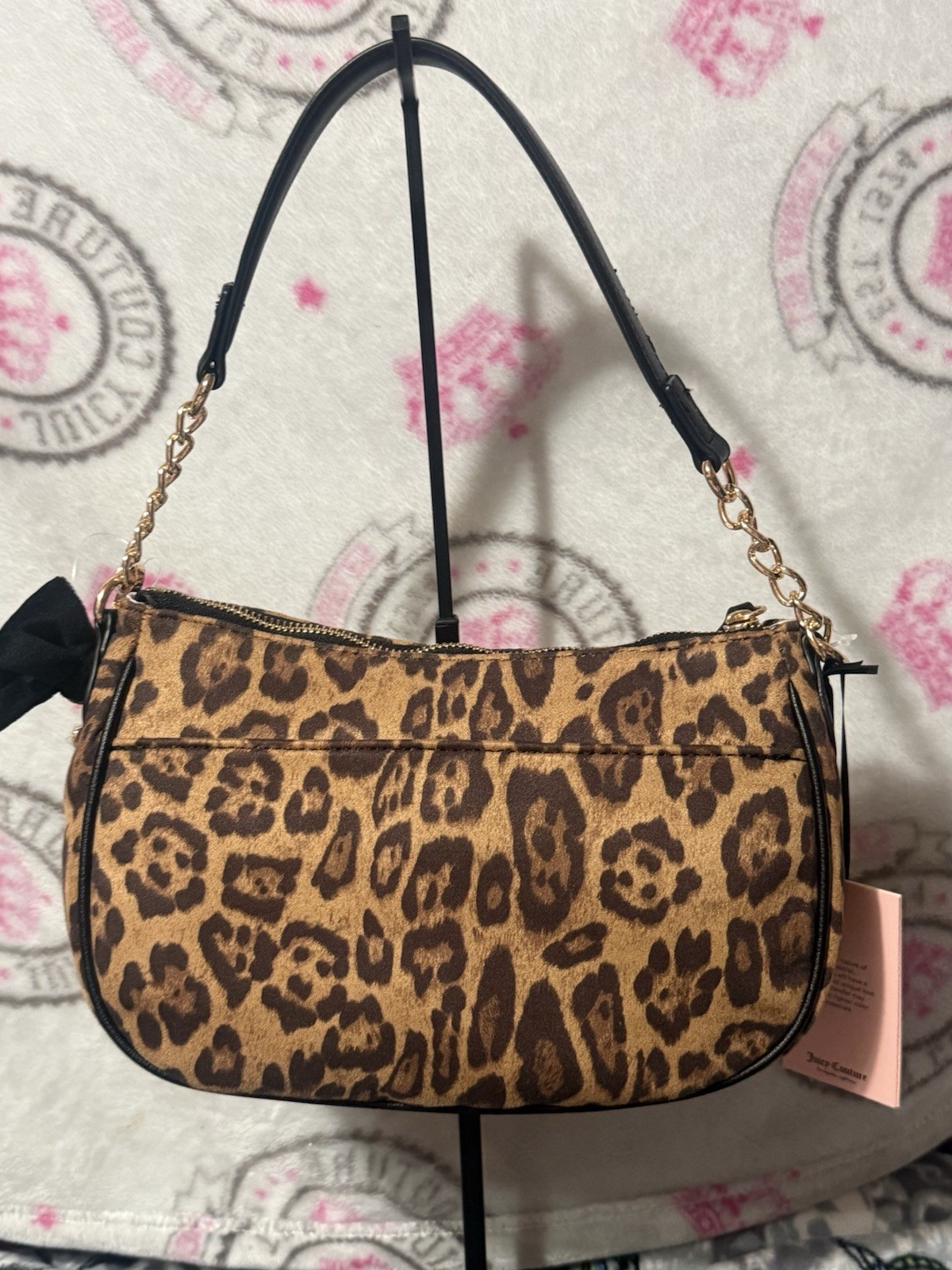 Juicy Couture Leopard Print Shoulder Bag Brown Black Bow Charm Zip Chain Pockets