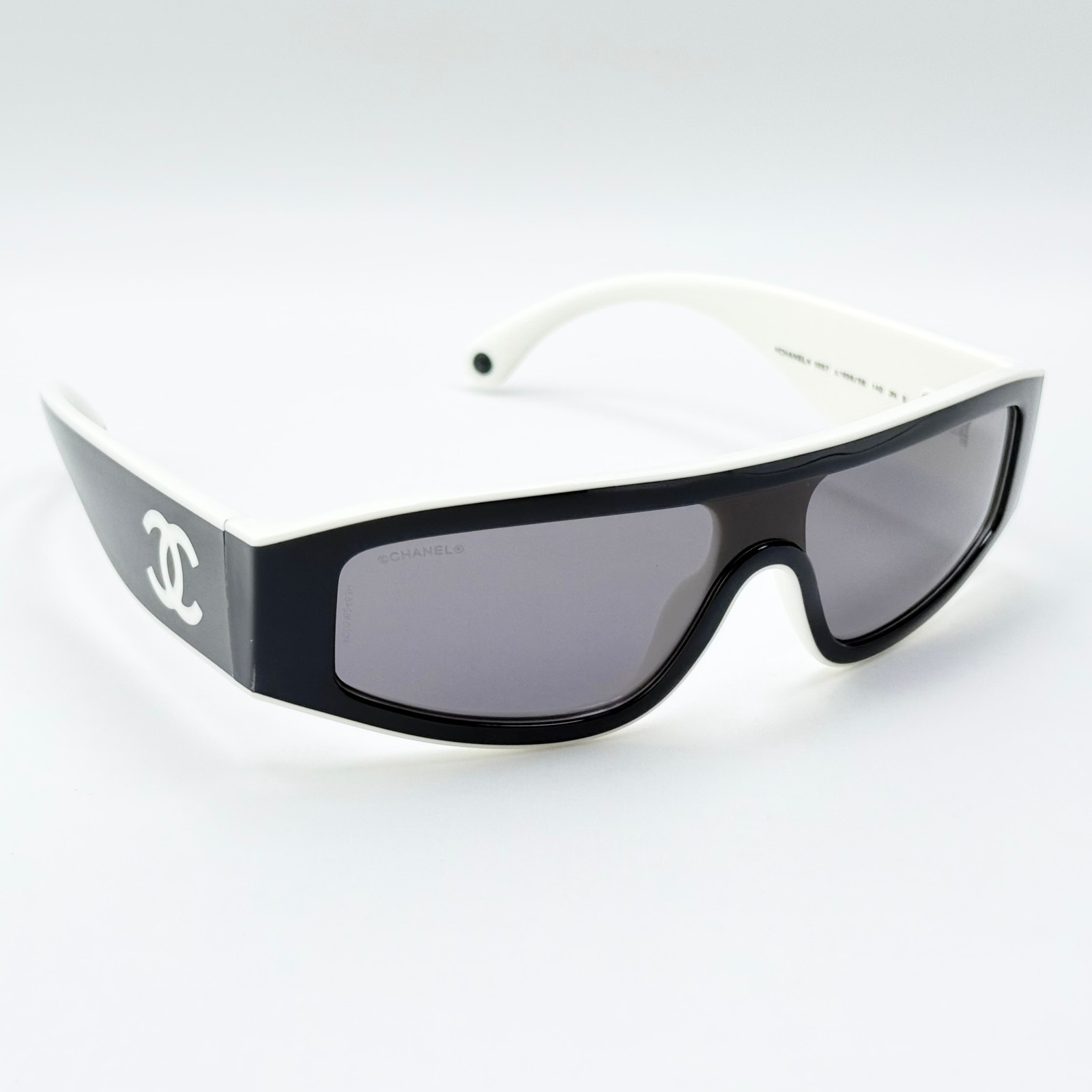 Chanel CH6057 Shield Sunglasses Black White Frame Gradient Gray Lens Italy