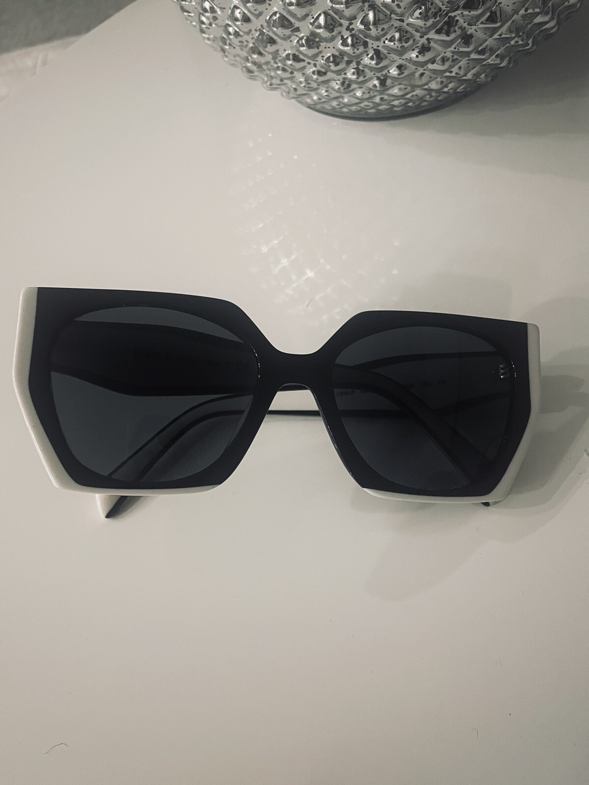 PRADA PR 15WS 09Q5S0 145mm Frame Rectangular Sunglasses – Black/White/Gray