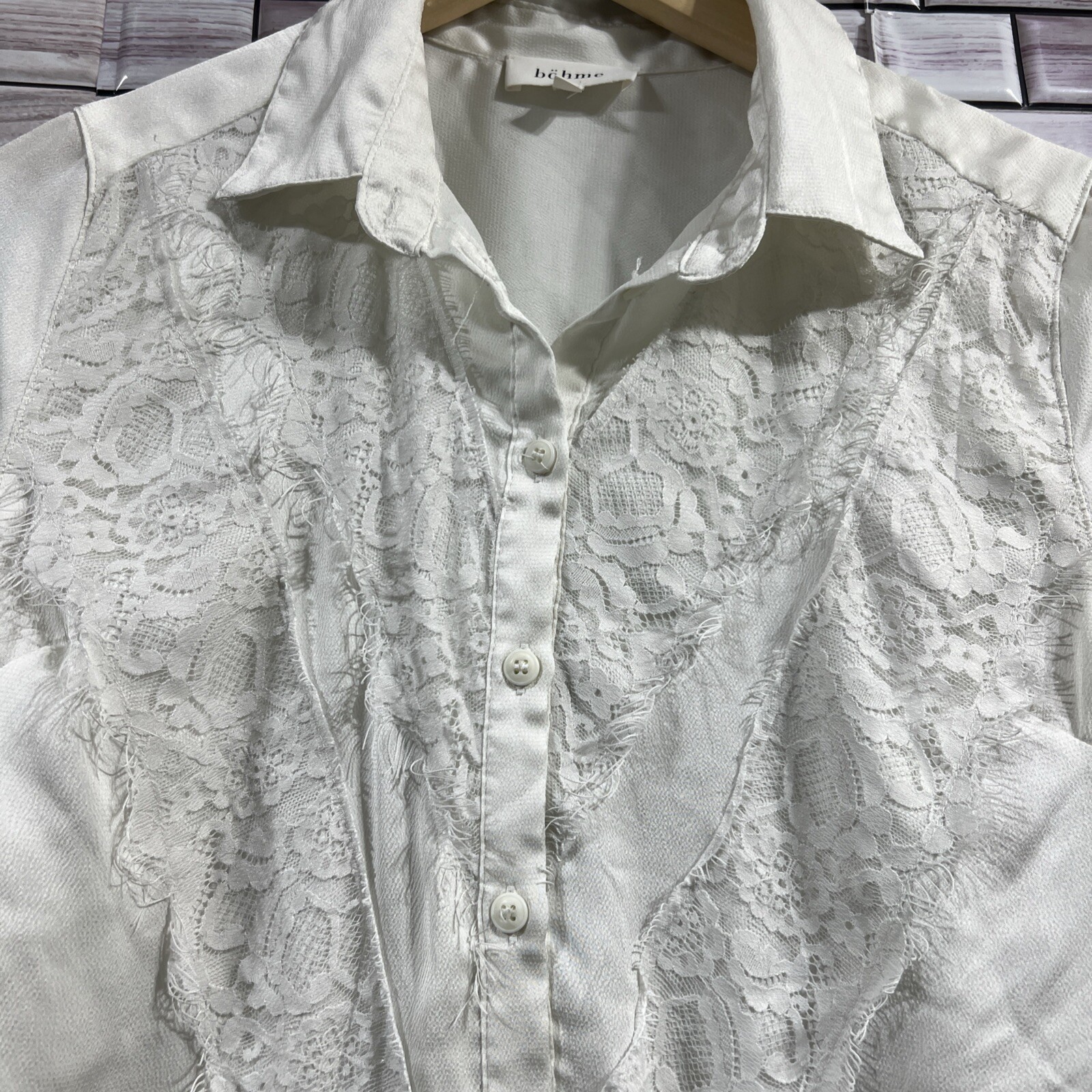 Bohme womens S western white shirt boho lace fringe button silky long sleeve