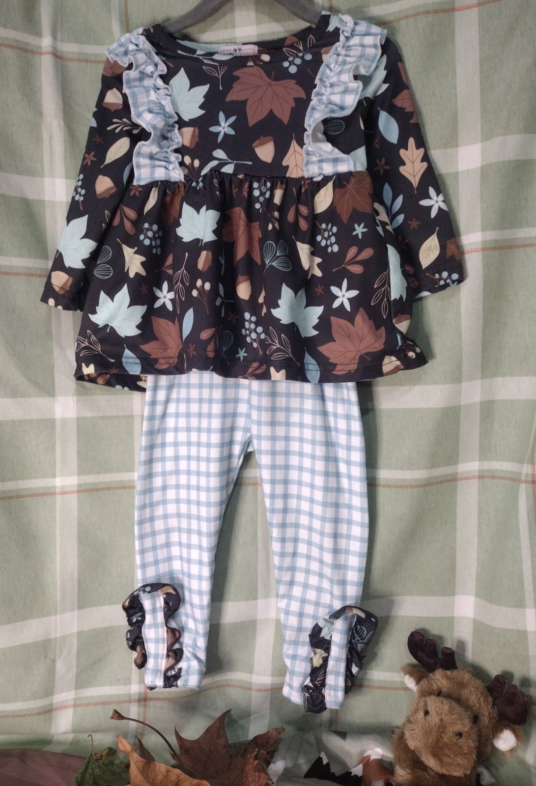 Pete and Lucy Boutique Pant Outfit Girls 3-6 Fall leaves acorns ruffles gingham