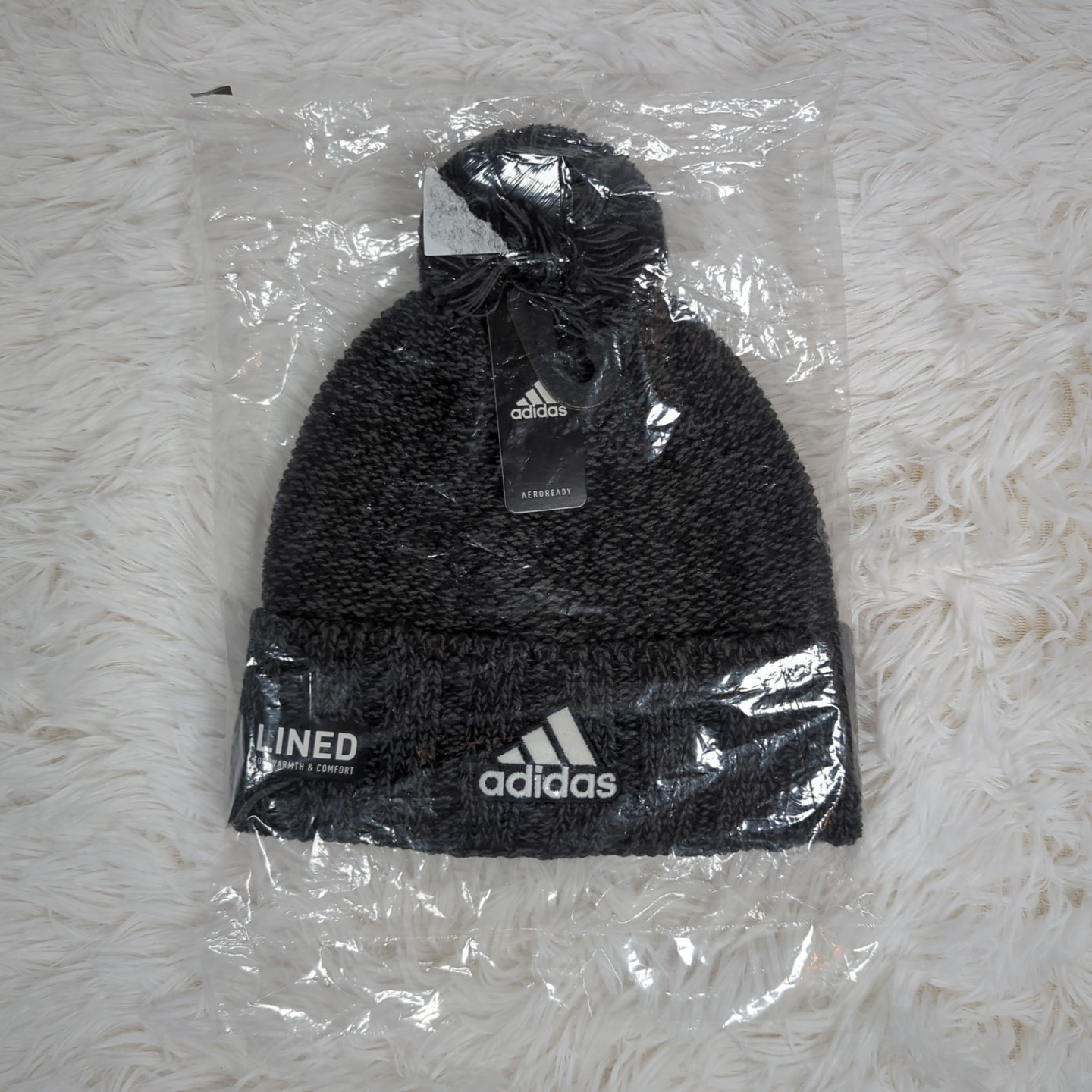 Mens Adidas Recon 3 Ballie Lined Cuffed Pom Beanie Hat Black Grey Marl Size OSFA