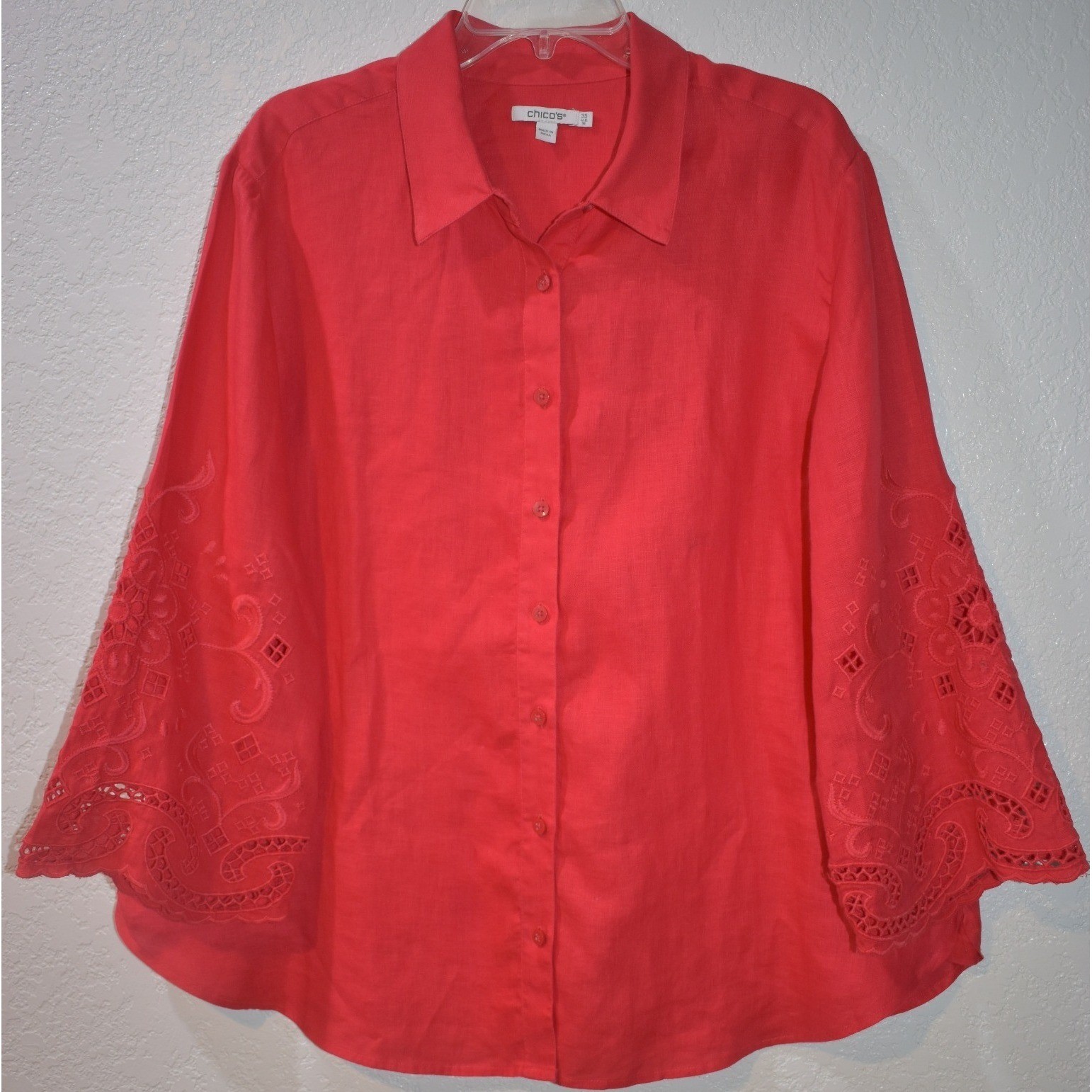 Chicos 3.5/18/XL Linen Shirt Eyelet Embroidered Sleeve Button Down Coral Red Top