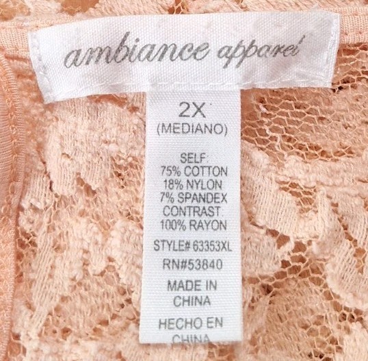 AMBIANCE APPAREL 2X Semi-Sheer Floral Lace Tunic Short Sleeve Blouse Top Peach