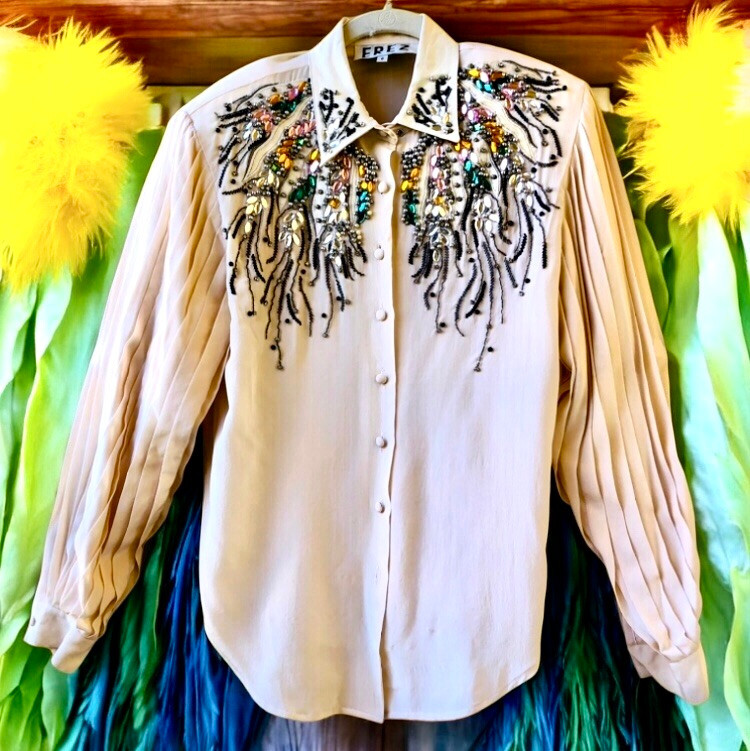 EREZ Vintage 80’s SILK + SNAKESKIN LEATHER Blouse Pleats Beaded Womens size 8