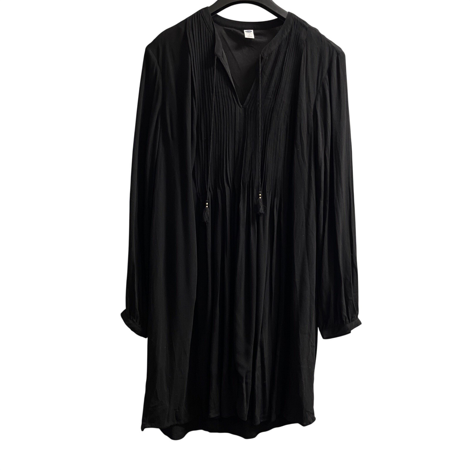 Old Navy Dress Black Pleated Shift Midi Tassel V Neck Size L Wedding Guest Event