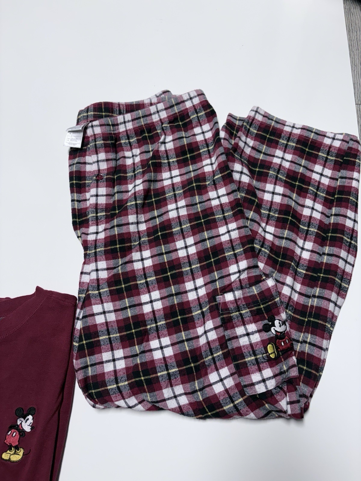 Disney Store Mickey unisx L 2pc Burgundy Cotton Flannel Plaid Pajama Set Pockets