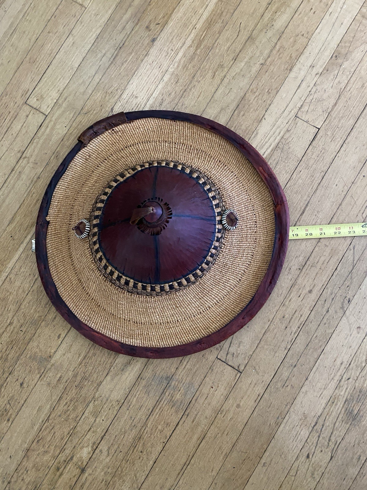 Antique African Ghanaian Hat ~ Traditional Conical Woven Straw & Leather ~19in