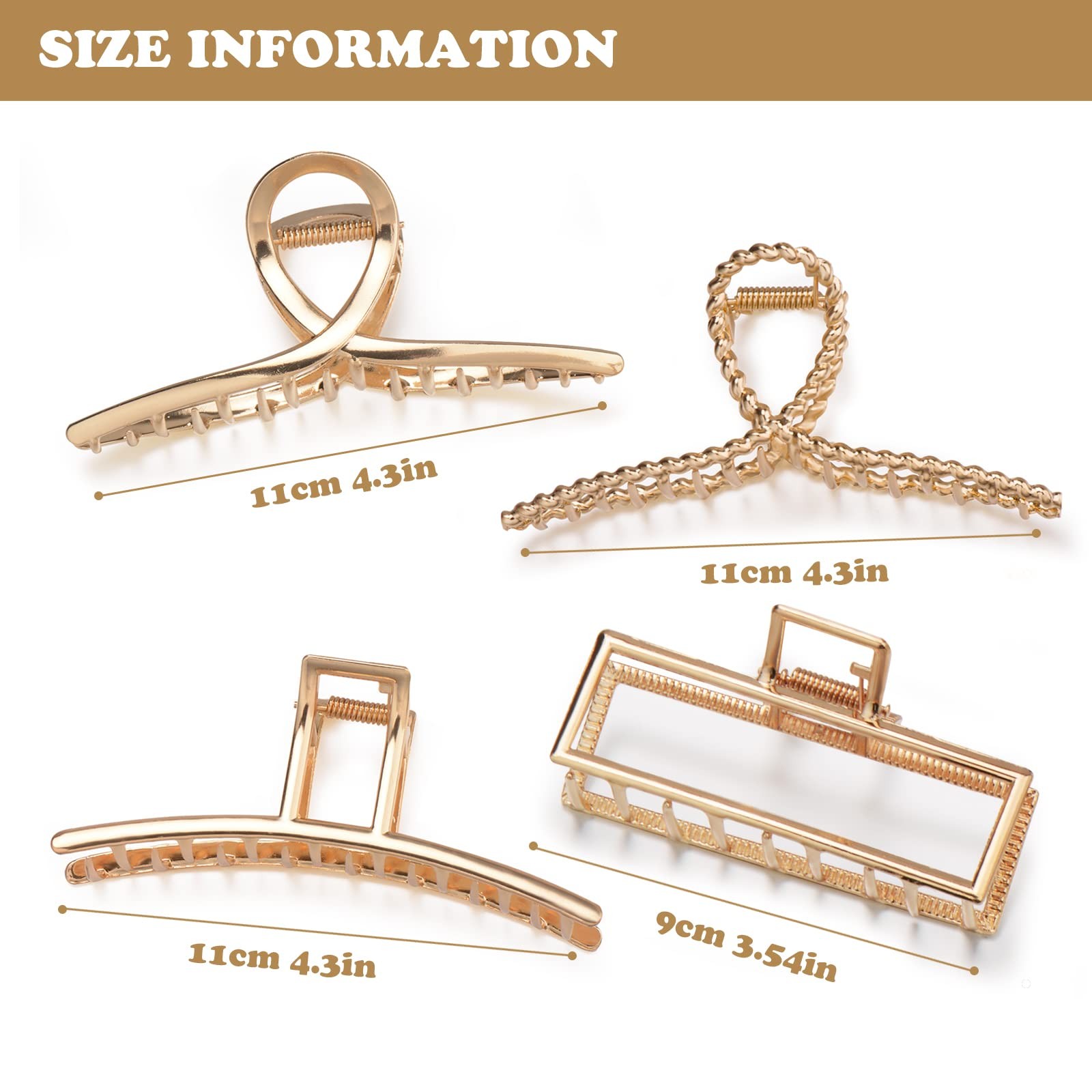 4 PCS Large Metal Hair Clips Thin Thick 4.3 Inch Nonslip Gold Jaw Claw Pins