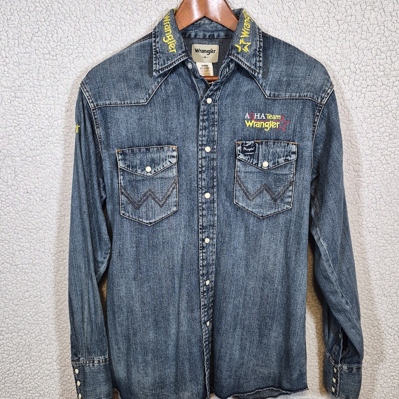 Wrangler Pearl Snap Denim Long Sleeve Shirt Mens Medium American Quarter Horse
