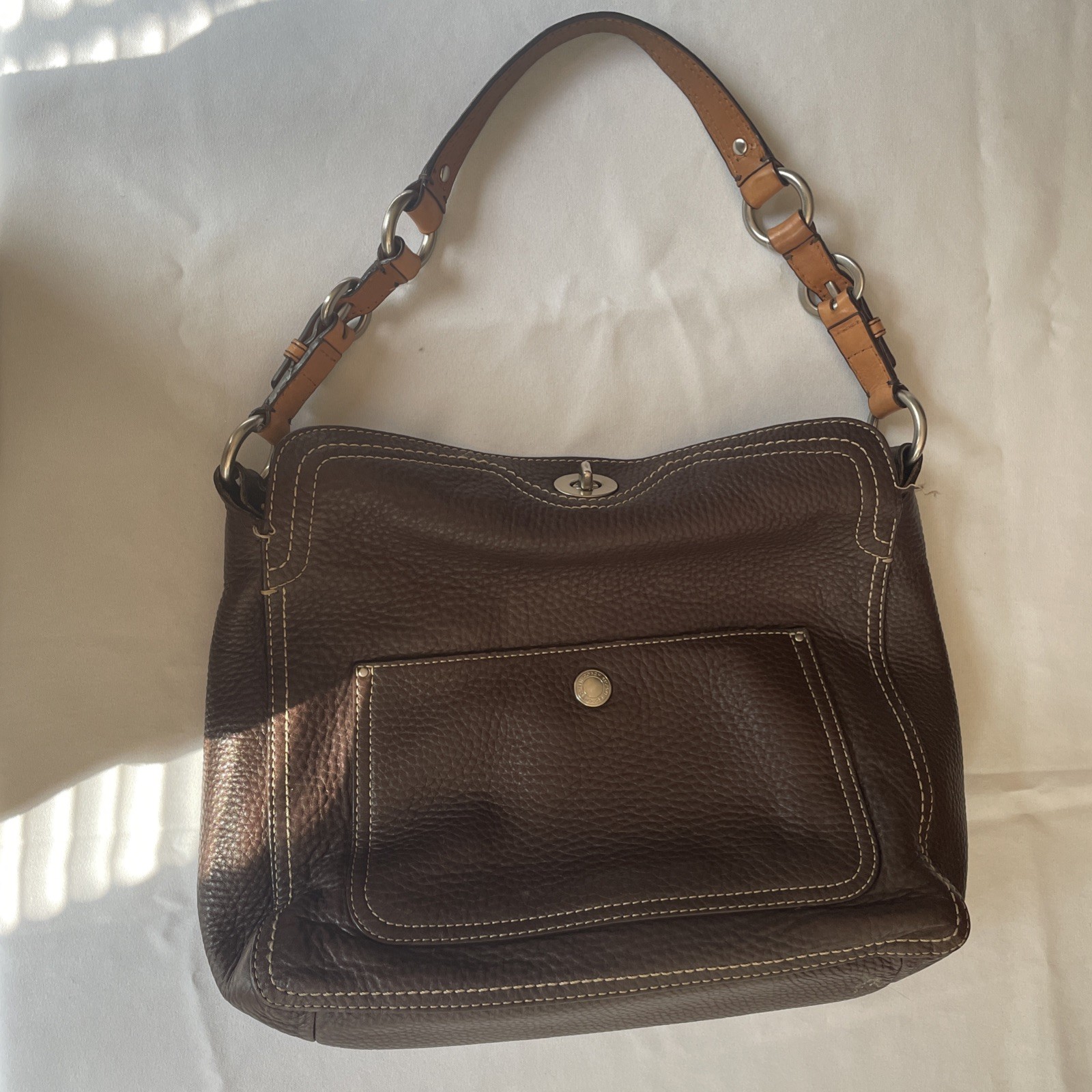 Coach Brown Pebble Leather Chelsea Shoulder Bag Purse F12338 Medium Turn Lock