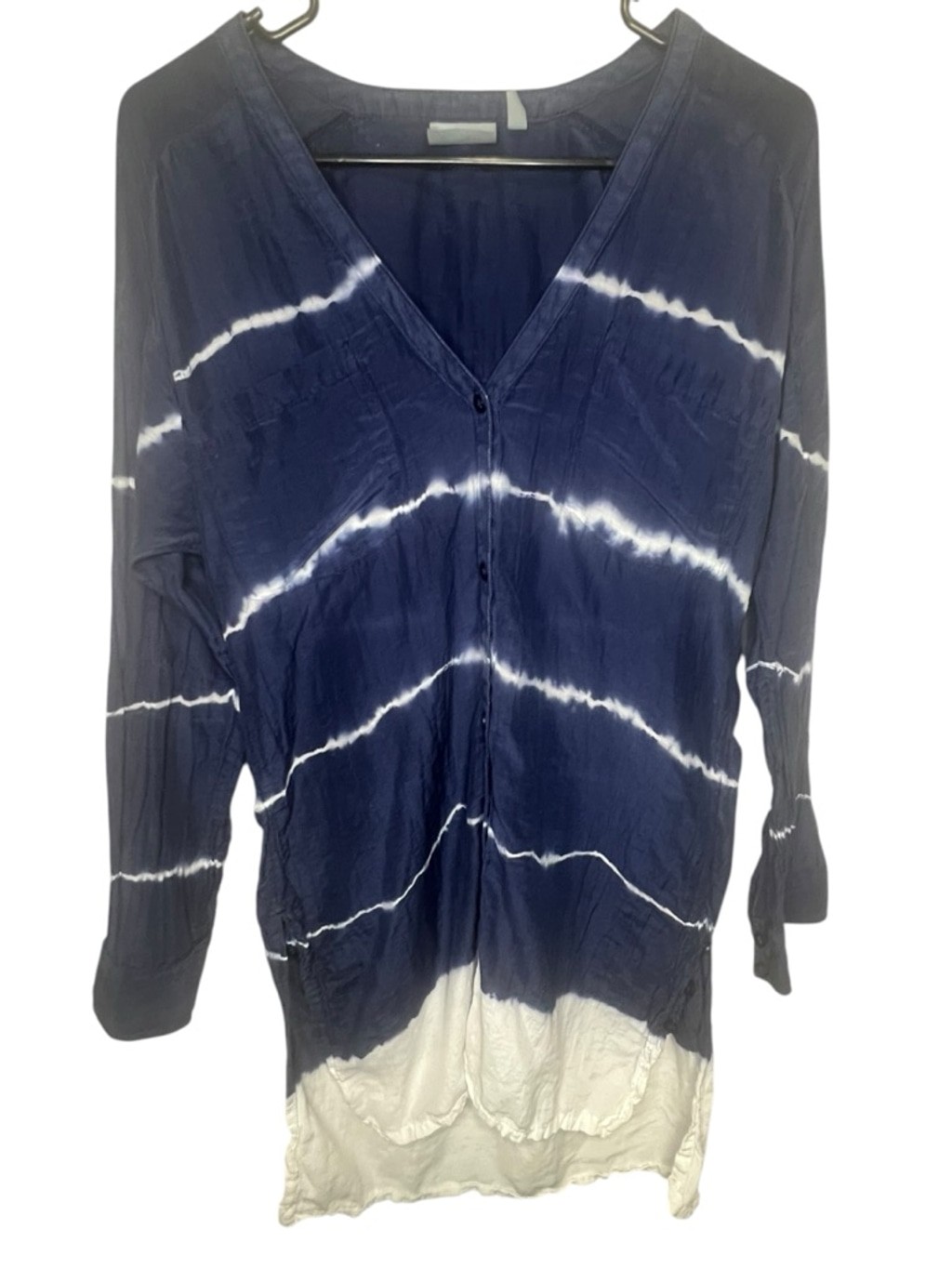 Athleta Silk Blend Blue And White Tie Dye Button Front Long Sleeve Tunic Blouse