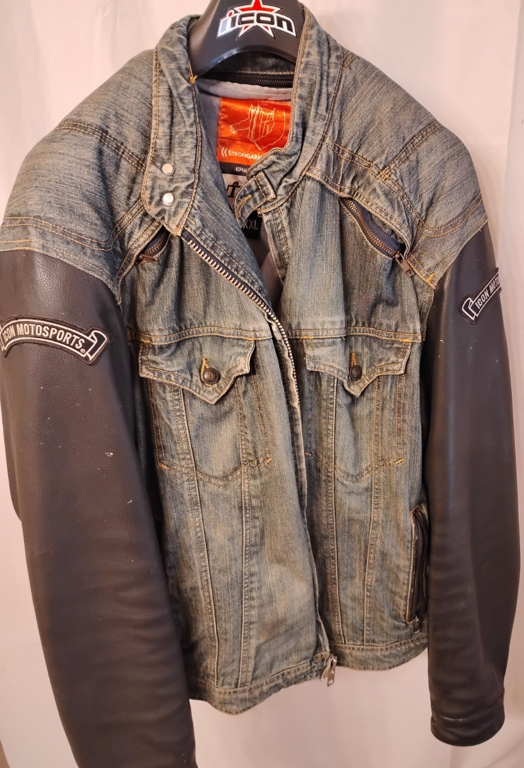Preowned Icon Motorsports Strongarm Blue Jean Denim/Leather Sleeves Men’s XXL