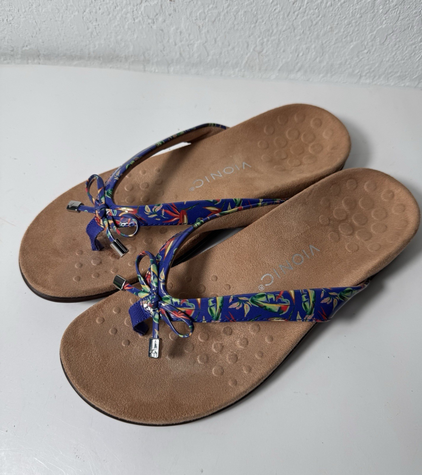 Vionic Bella II Sandals Flip Flops Tropical Floral Comfort Blue Bow Womens 8.5