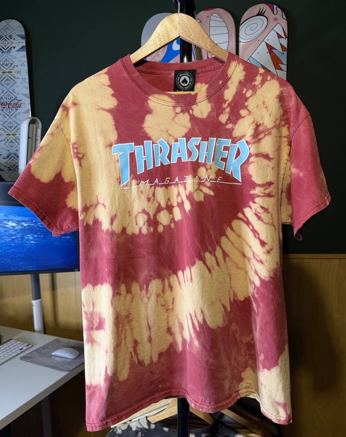 Men’s Thrasher Magazine Skateboarding Custom Bleach Tie-Dye Red/Yellow Tshirt