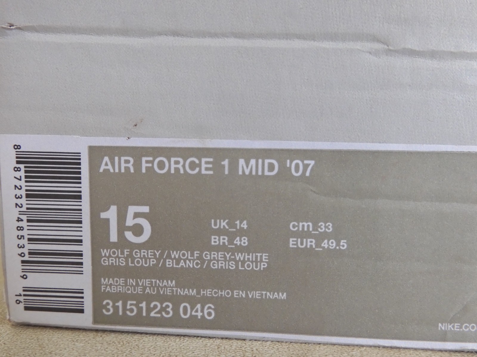 Nike Air Force 1 Mid 07 Wolf Grey-Wolf Grey-White Sz 15 Rare! [315123-046]