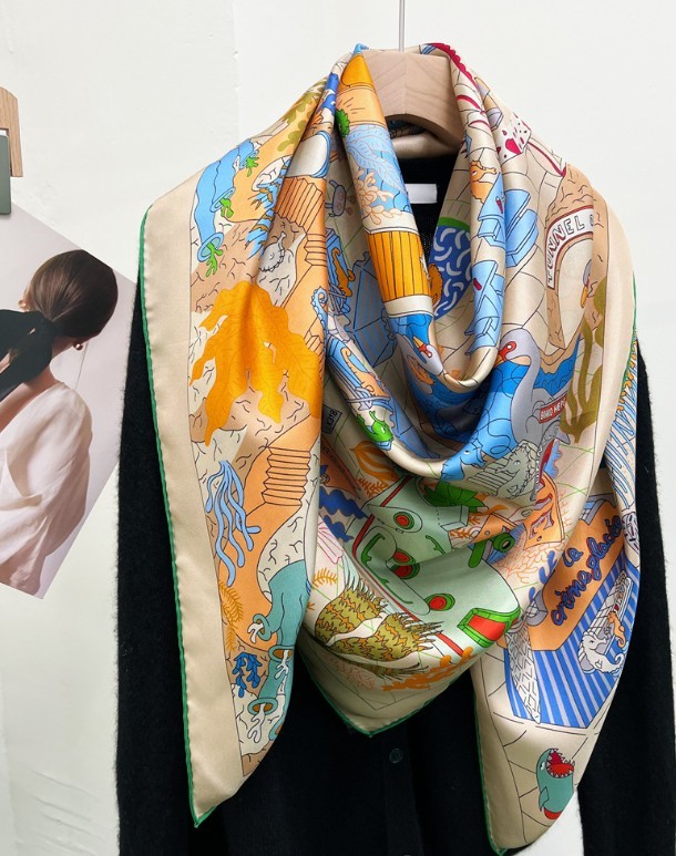 Pure Twill Silk Scarf Bandanna Large Wrap Water Park Print Square Shawl 53″