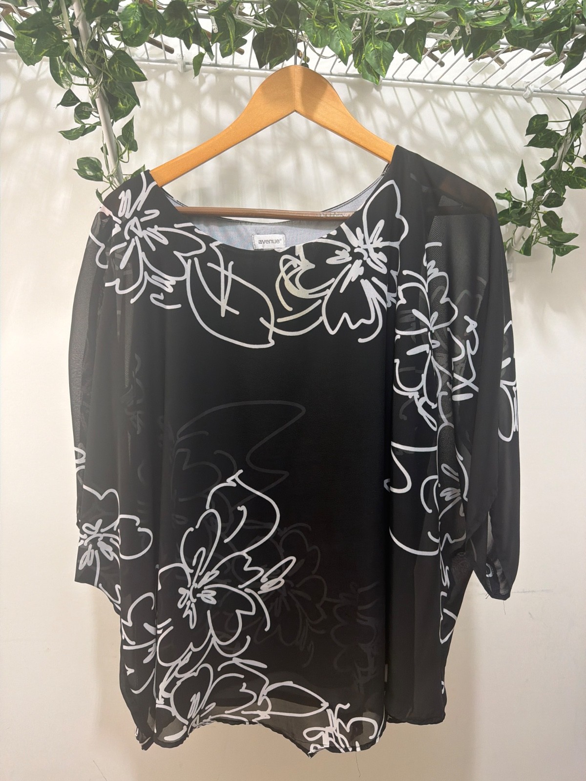 Avenue Black Sheer Floral Print Blouse 3/4 Sleeve Layered Career Top Plus Size