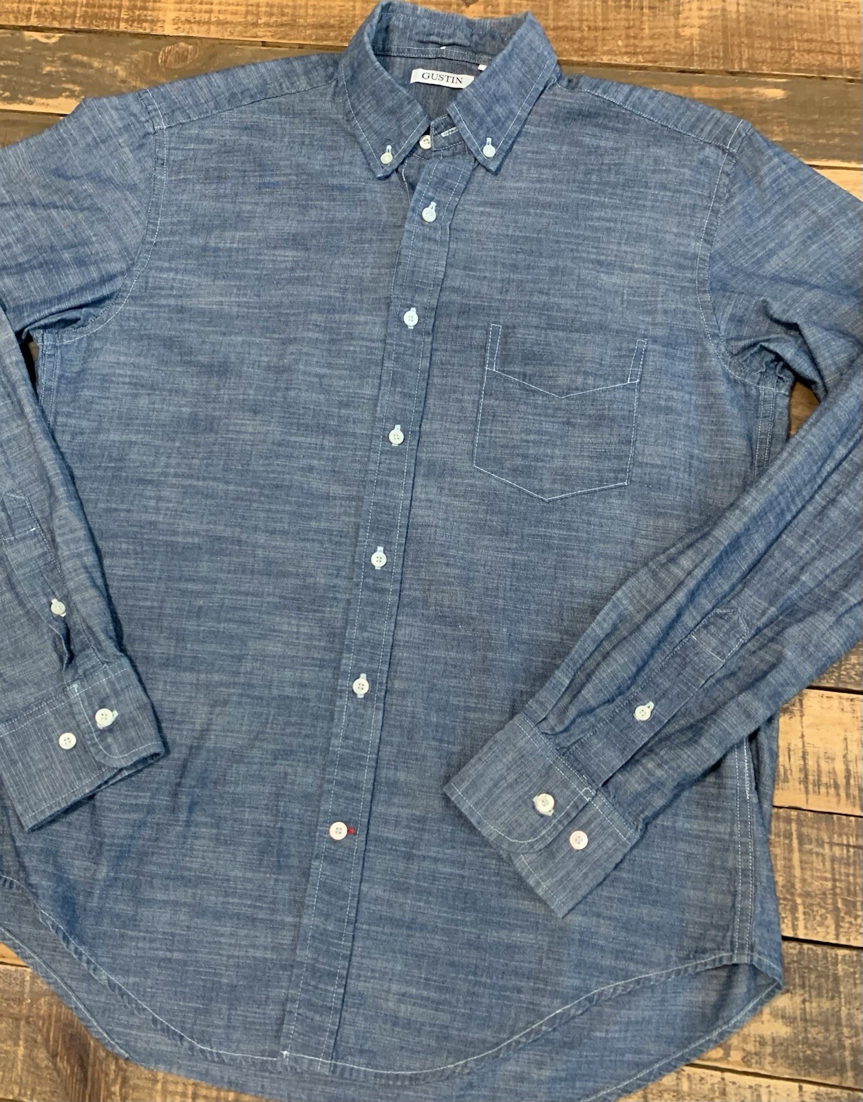 EUC Gustin Chambray Button Down Shirt Mens L USA Made Long Sleeve 100% Cotton