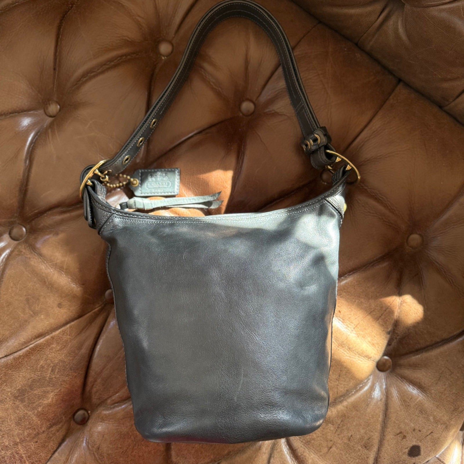 Coach Bleecker Leather Bucket Duffle Bag F0793-11422 Navy Tattersall Lined