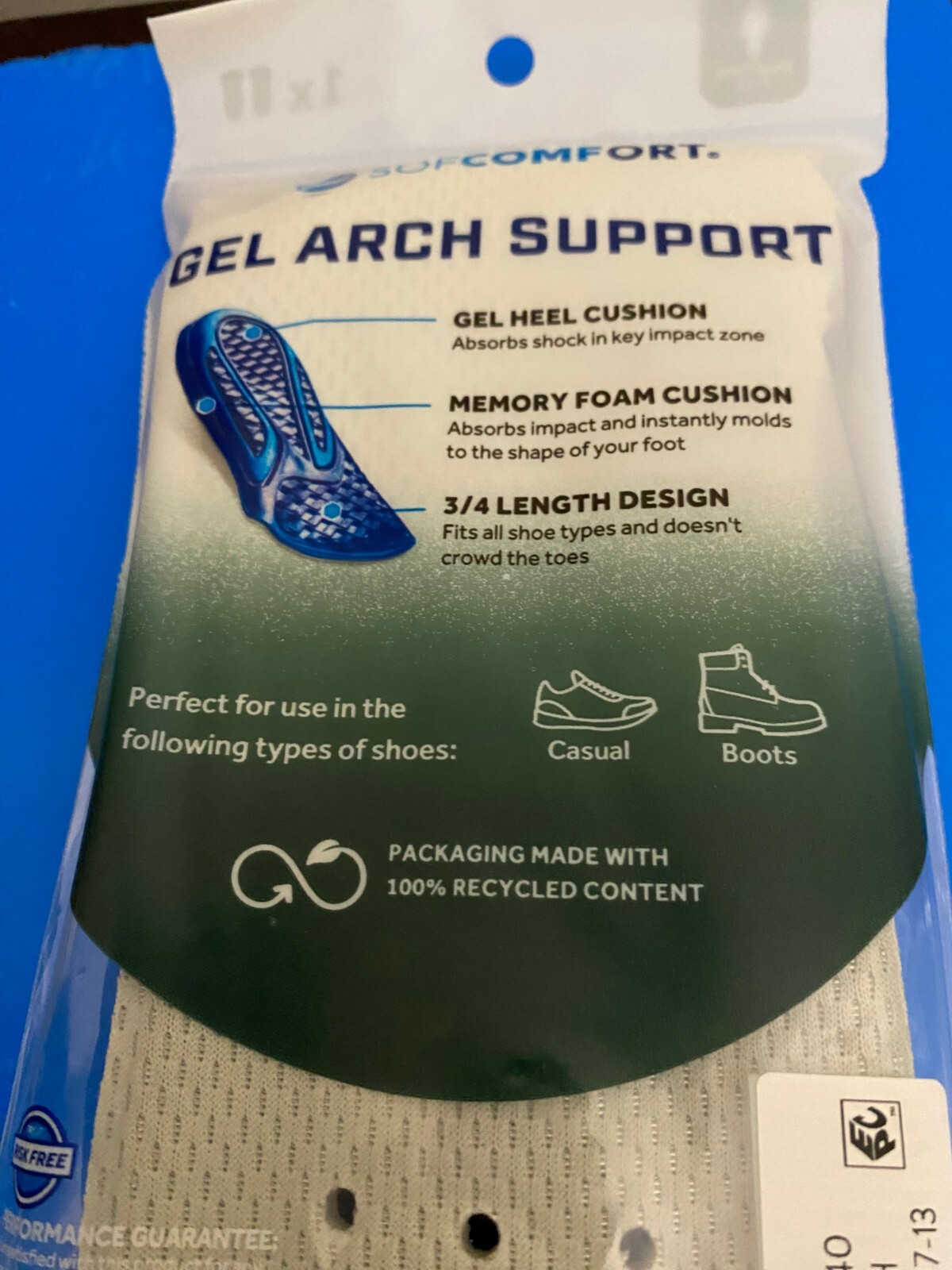 NEW MEN’S SIZE 7-13 SOF COMFORT GEL ARCH SUPPORT MEMORY FOAM INSOLE-TRIM TO FIT
