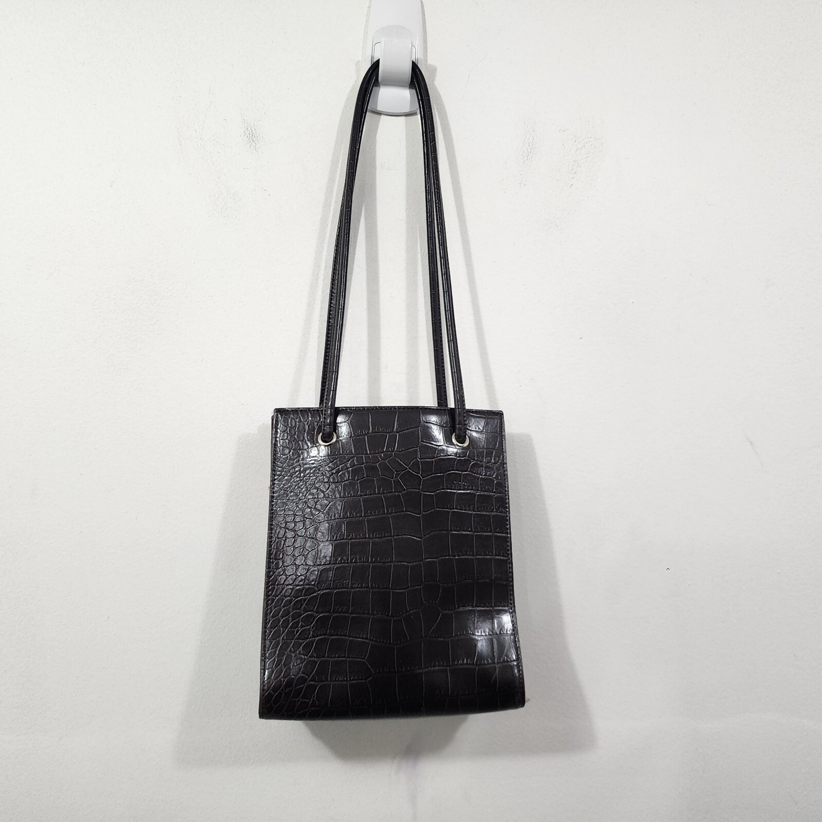 Vintage 90s Nine West Croc Embossed Shoulder Bag Brown Faux Leather Nylon Lining