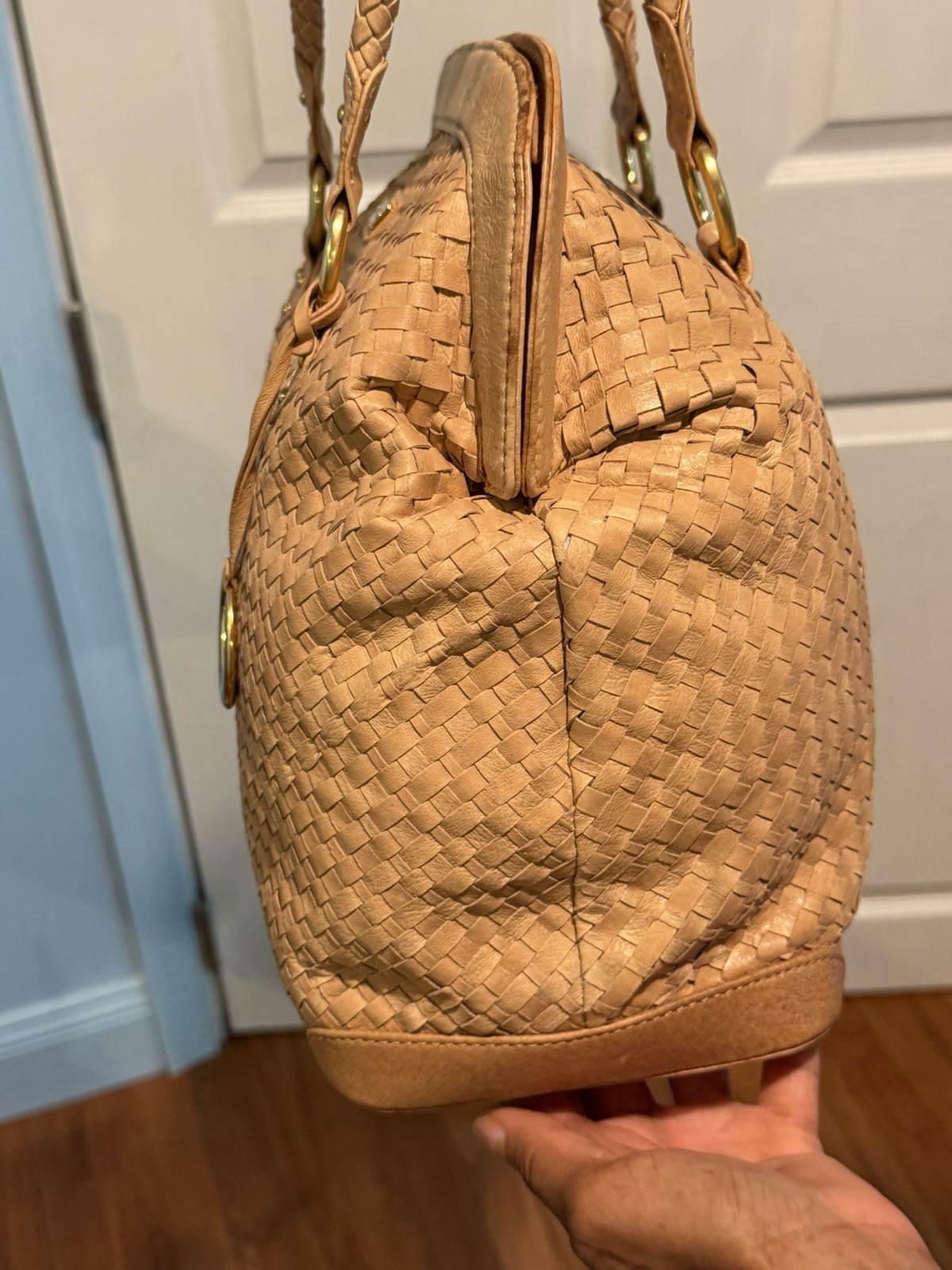 Elliott Lucca Beige Woven Satchel Top Handle Bag Zip Red Lining Gold HW