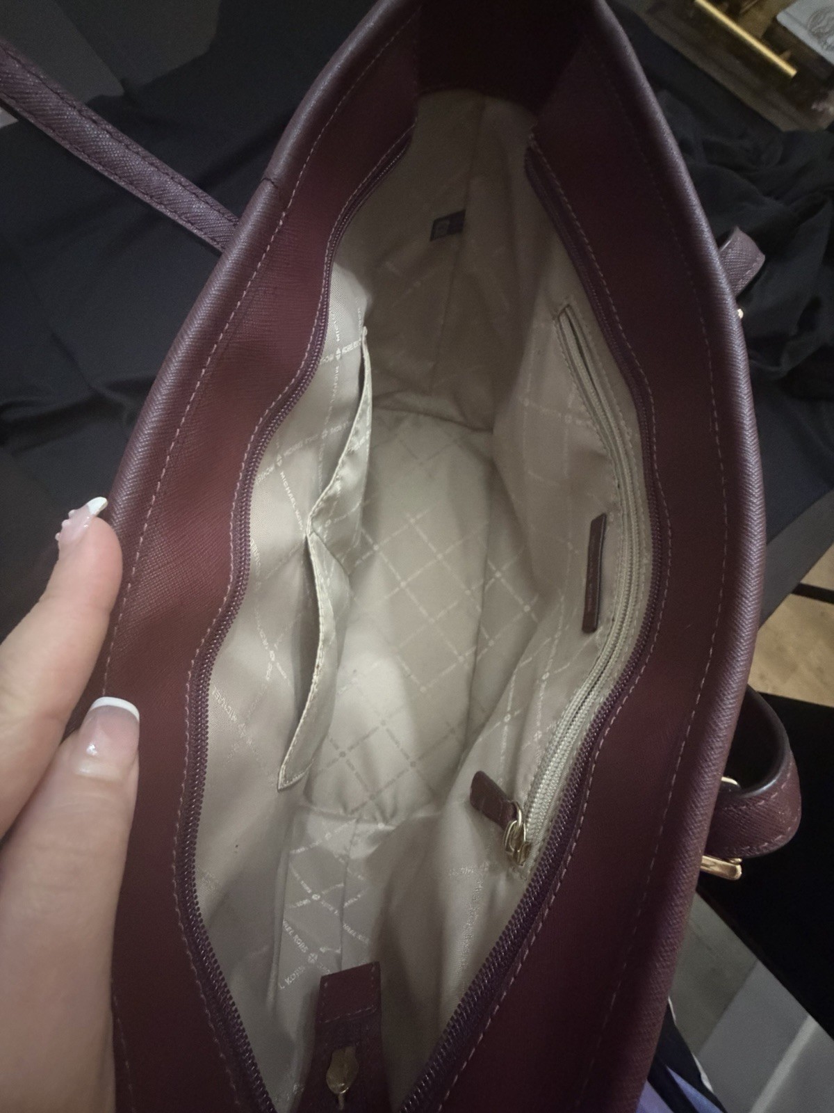 Michael Kors Large Burgundy Tote Saffiano Finish Gold Hardware MK Charm