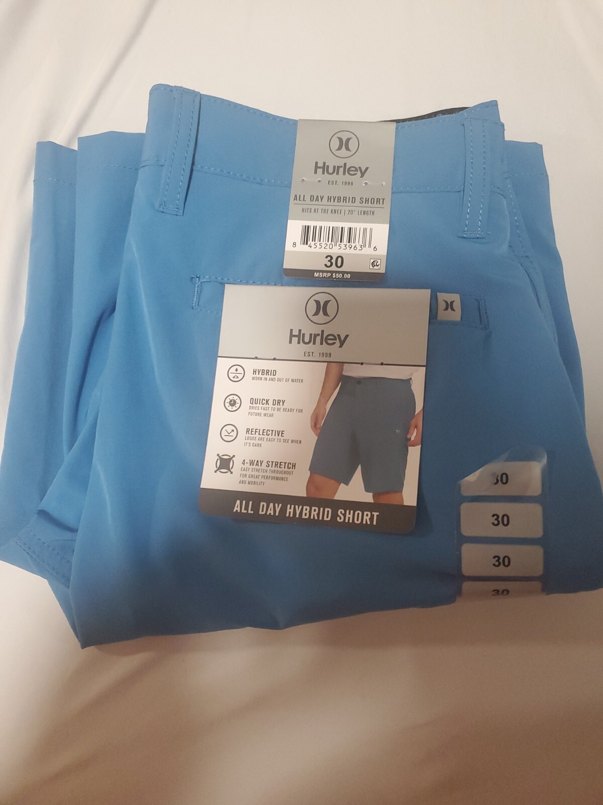 Hurley All Day Hybrid Quick Dry 4-Way Stretch Reflective Short 30 Sea Blue