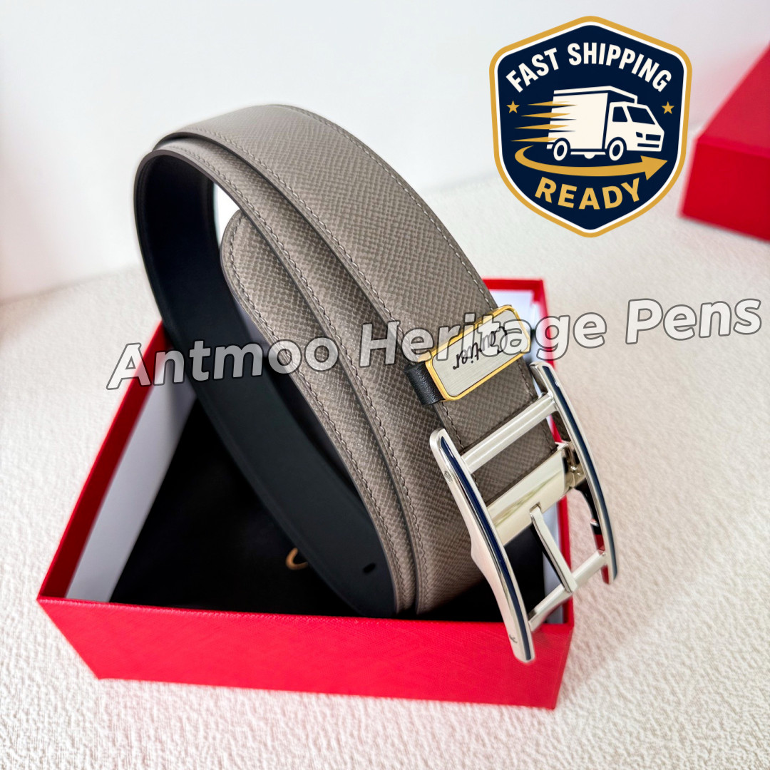 CARTIER Taupe Gray Reversible Leather Belt Silver Buckle Luxury Rare