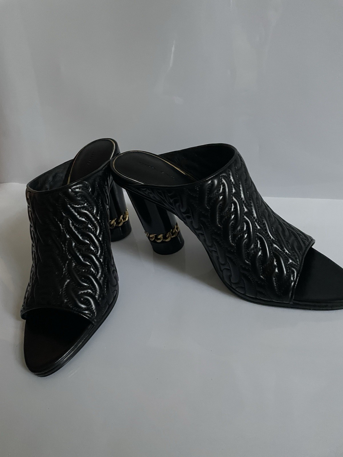 Rebecca Minkoff Black Quilted Leather Chain Open Toe Slip-On Mule Heels 10