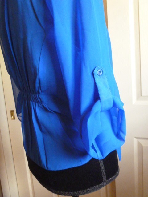 WET SEAL Royal Blue L Polyester Lace Yoke Buttons Tab Up Sleeves Casual Work
