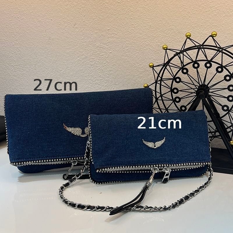 Zadig & Voltaire Rock Wing Blue Denim Bag Silver Studded Crossbody Big 27x15cm