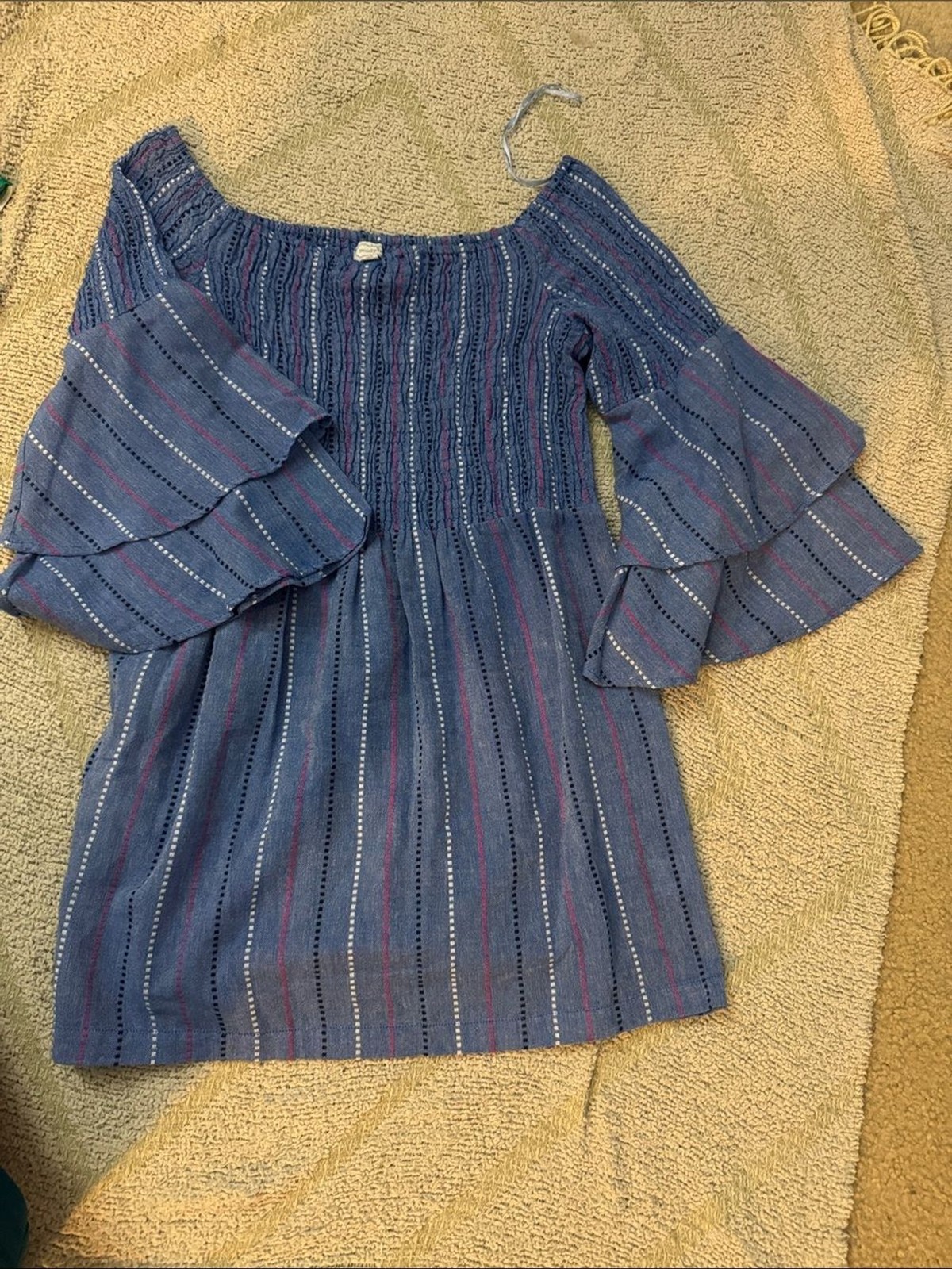 Mud Pie Blue Textured Top with Pink and White Accents