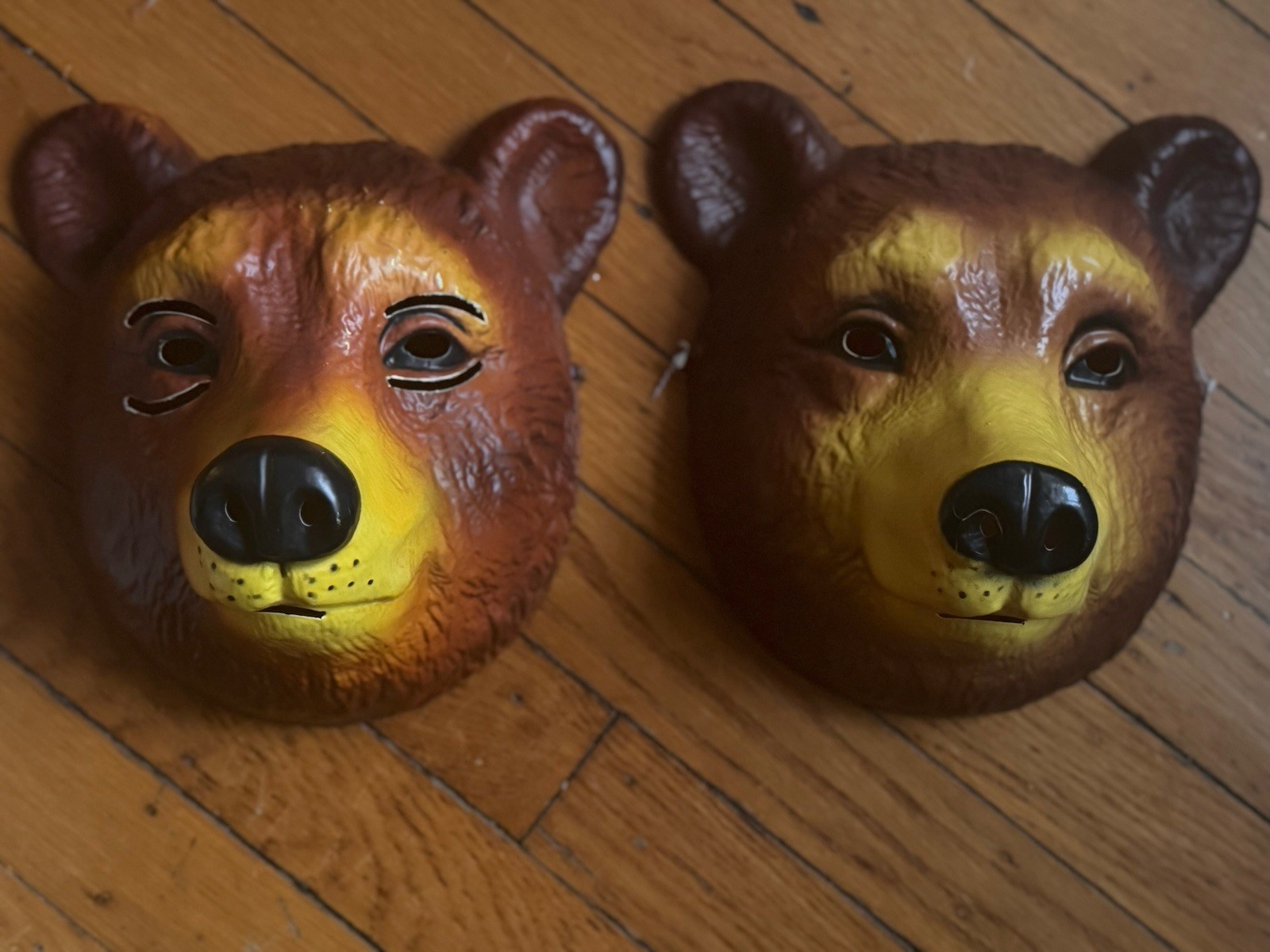 2 Vintage Bear Halloween Masks Novelty Party Plastic Brown, Black, Yellow 8” H