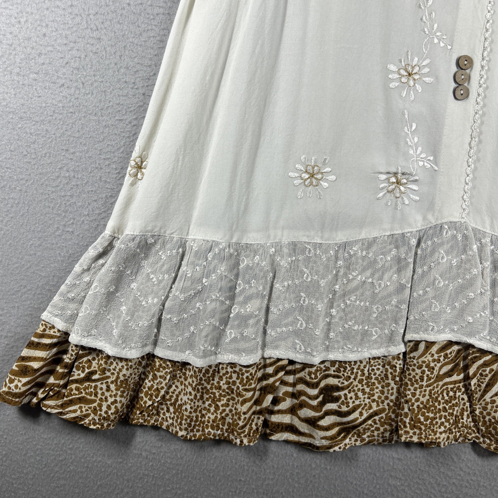 Raya Sun Women’s Size XL Boho Embroidered Sundress Lace Trim Hand Wash Beige 38”