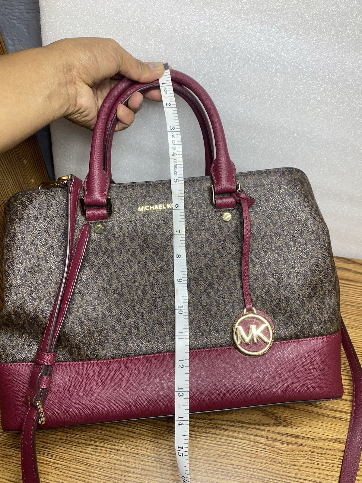 Michael Kors Savannah Signature Satchel Purse Brown Red Wine Cherry Gold
