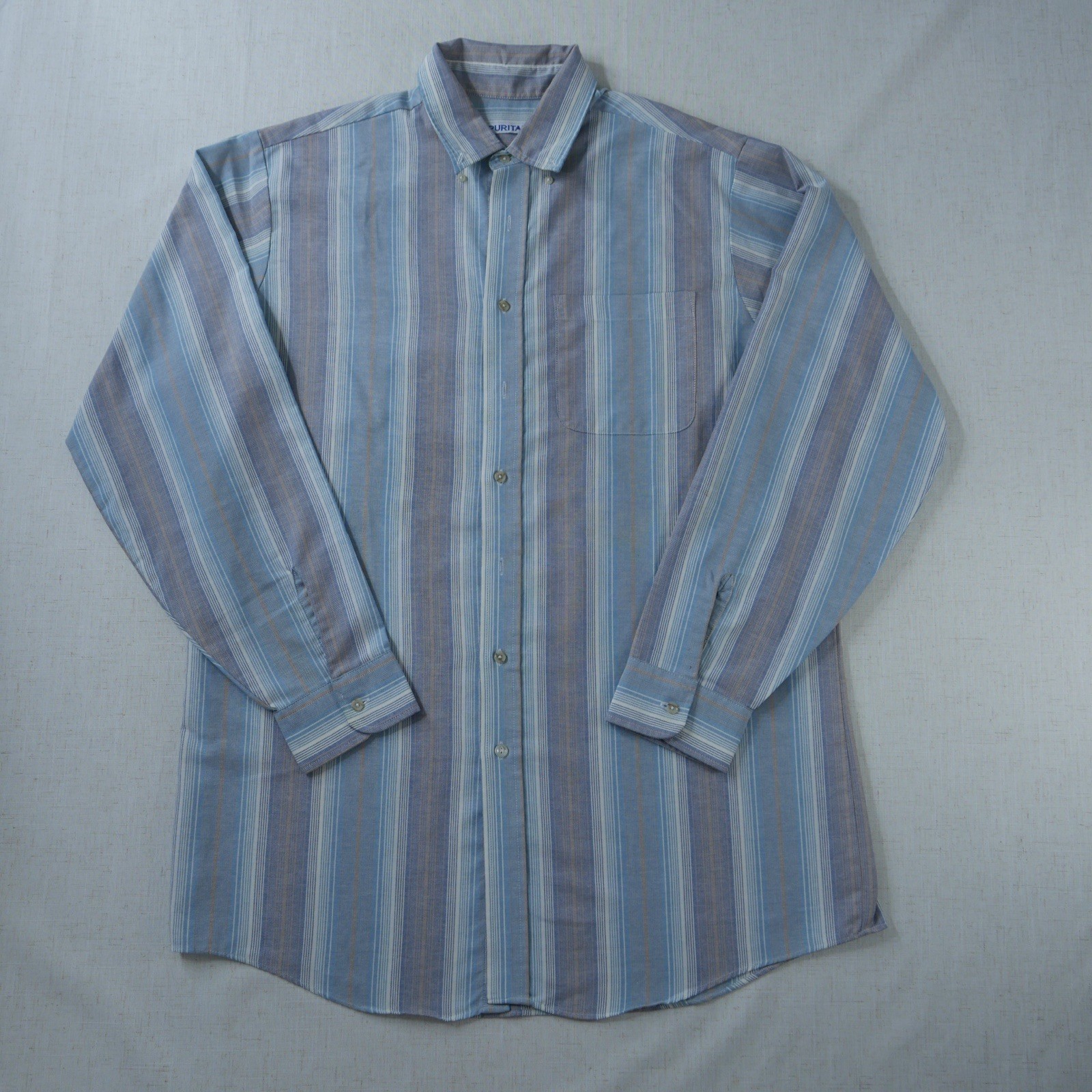 Vintage Puritan Mens 2XLT Striped Button Down Shirt Blue Olive Gold Long Sleeve
