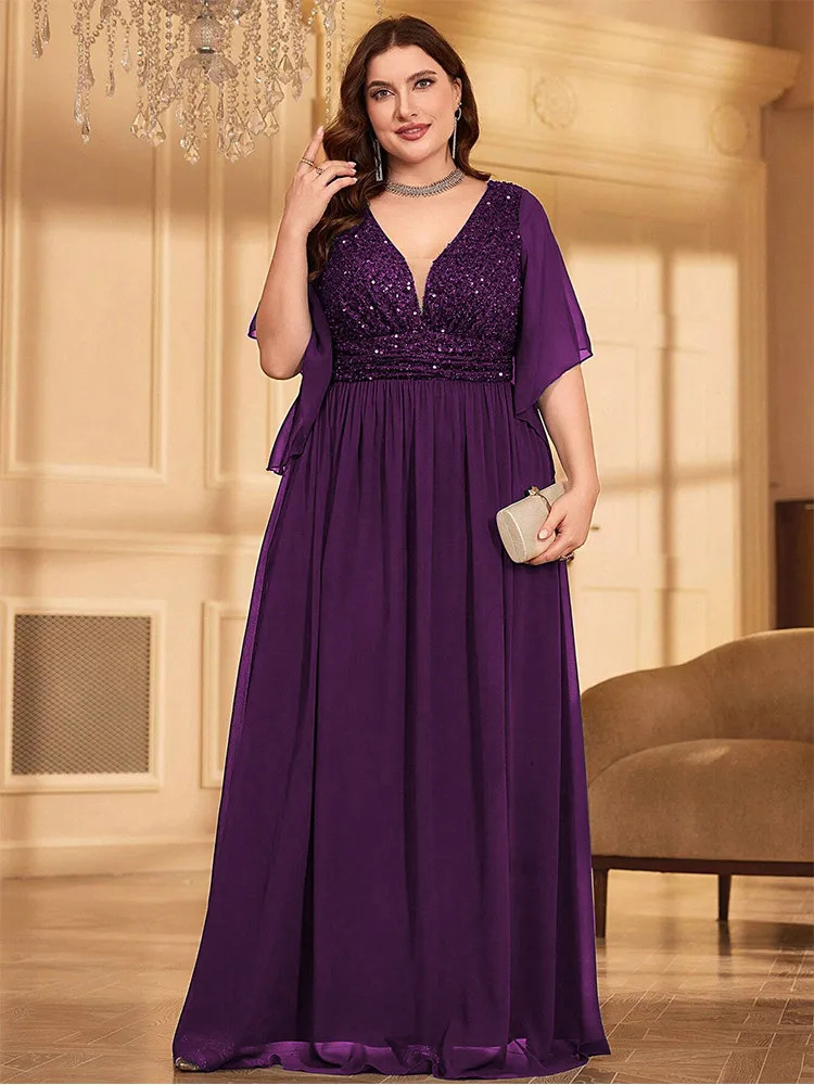 Luxury Plus Size Chiffon V-Neck Sequined Evening Dresses Big Size Floor-Length