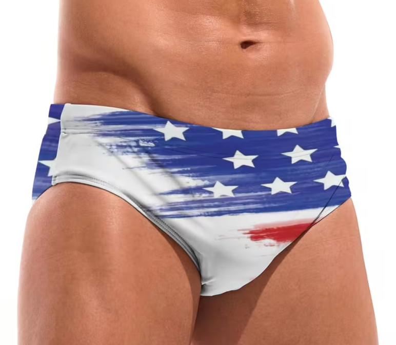 American Patriot US Flag Style Men’s Swim Briefs w/Drawstring. Large 34″-36″