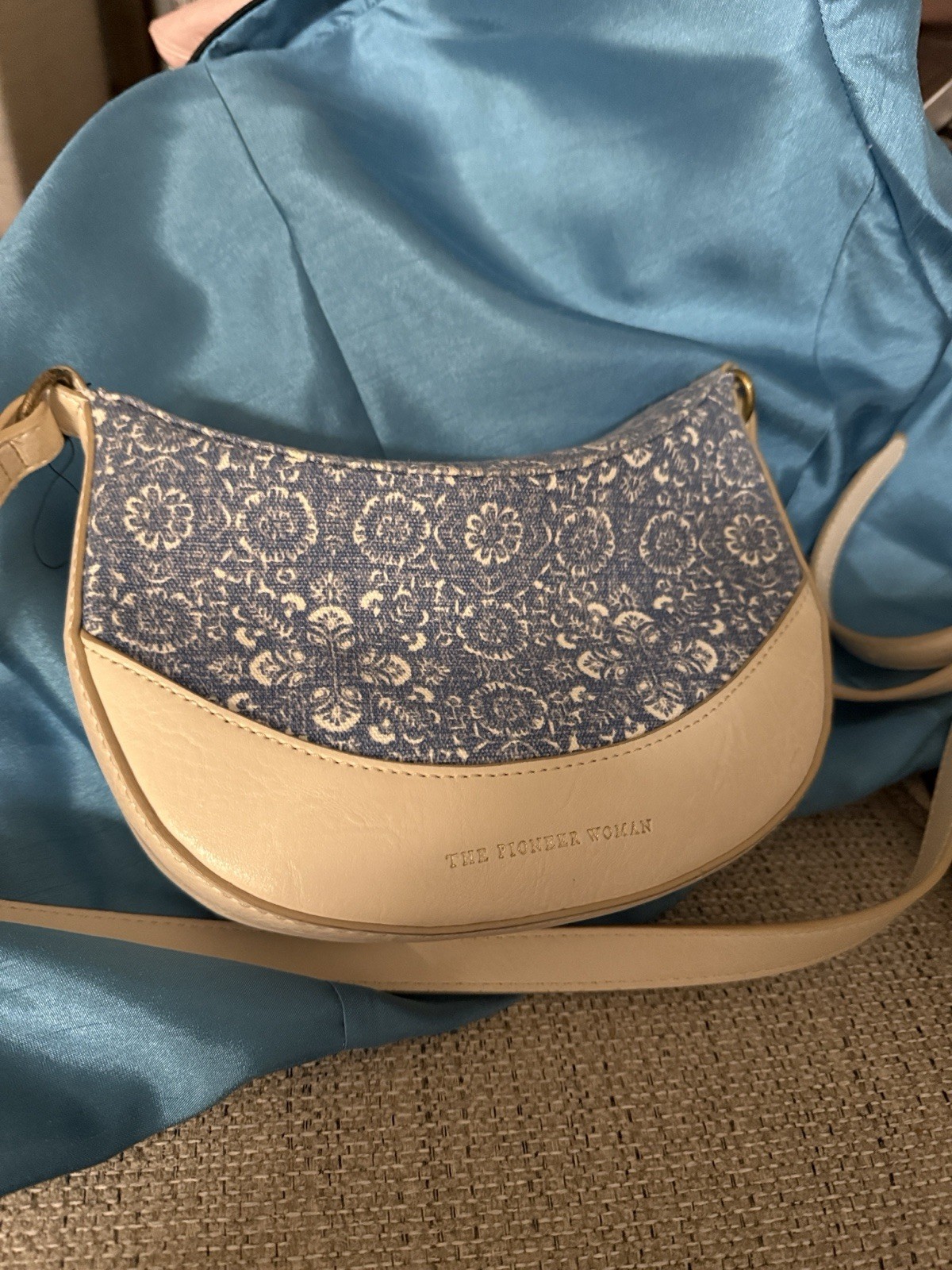 The Pioneer Woman Women’s Blue Beige Floral Crescent Crossbody Zip Adjustable