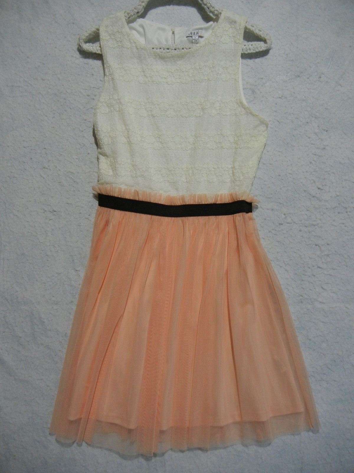 A U W Women’s Size Large White & Orange Chiffon Layer Dress Sleeveless w Black